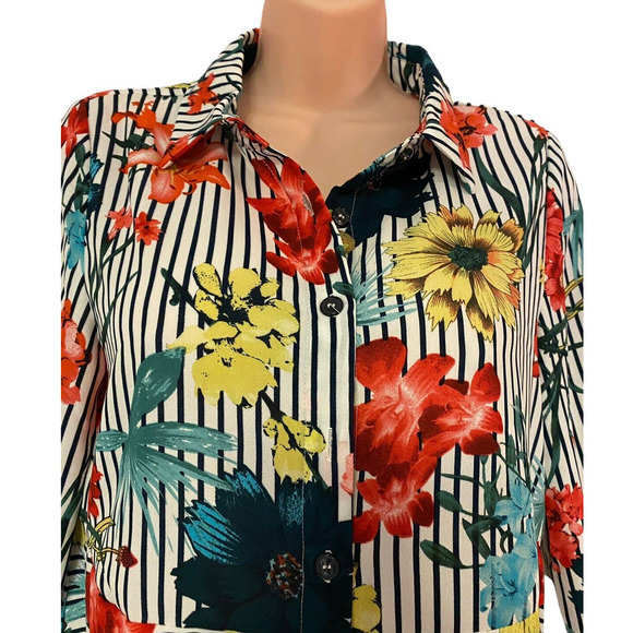 Midnight Velvet Tunic Length Blouse Button Up Shirt Black & White Stripe Top - Picture 5 of 12